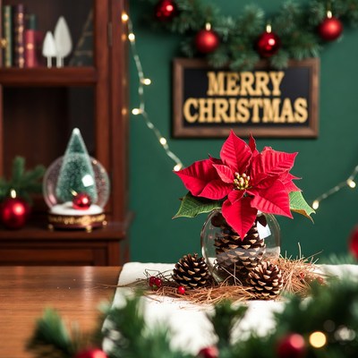 Christmas Poinsettia Centerpiece with Merry Sign