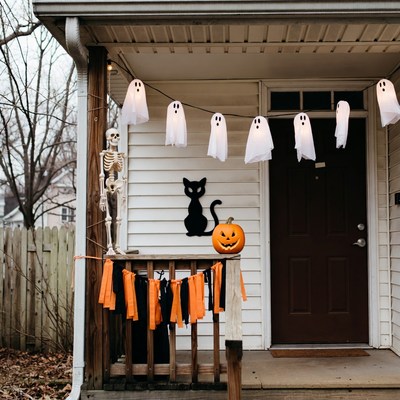 Halloween Porch with Ghosts and Pumpkin