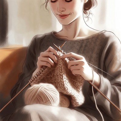 Woman knitting yarn on couch