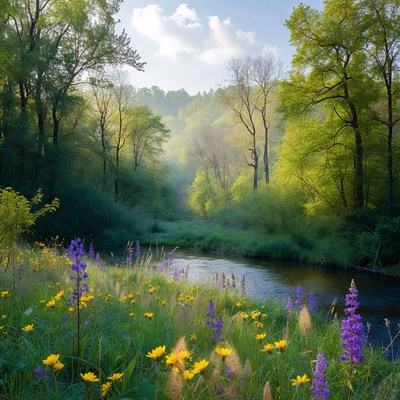 Sunny Forest River with Wildflowers