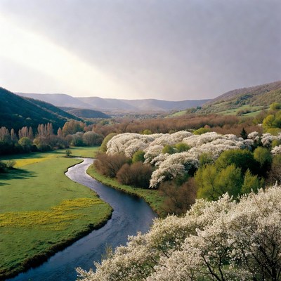 River winding through blooming valley