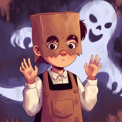 Boy in paper bag mask with ghost