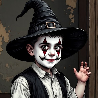 Boy in clown witch hat waving