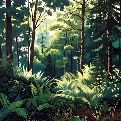 Lush Sunlit Forest with Ferns