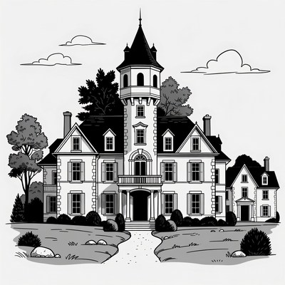 Black and White Mansion Illustration
