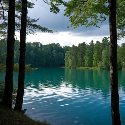 Turquoise lake framed by pine trees
