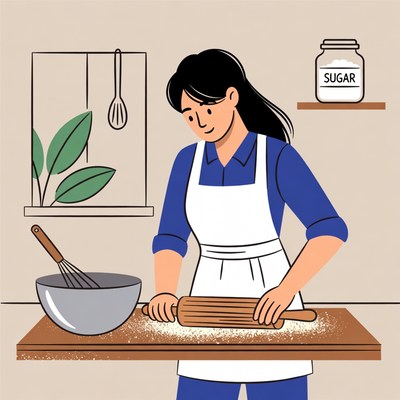 Asian woman rolling dough in kitchen
