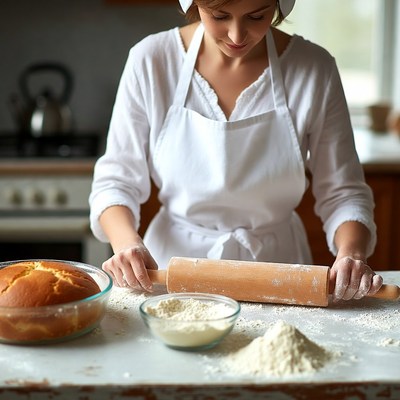 Woman rolling dough in kitchen