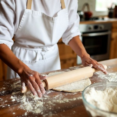 Woman rolling dough in kitchen