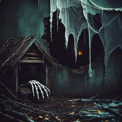 Skeleton Hand in Haunted Doghouse