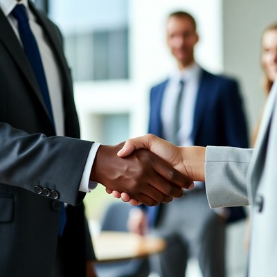 Black man shaking hands with white woman