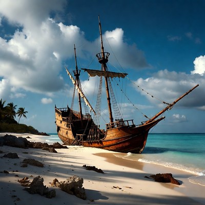 Wrecked pirate ship on tropical beach