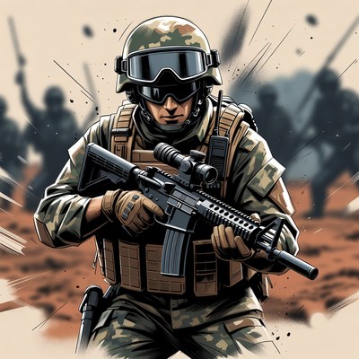 Soldier aiming rifle in combat