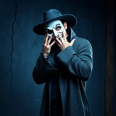 Man in Guy Fawkes mask wearing fedora