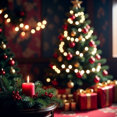 Festive Christmas Tree with Candles and Gifts