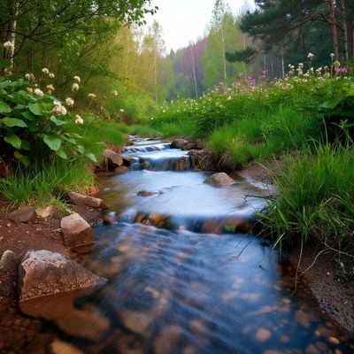 Forest Stream with Wildflowers