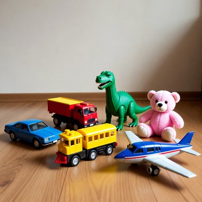 Colorful toy vehicles dinosaur teddy bear