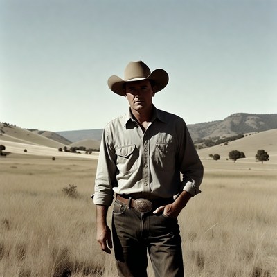 Cowboy standing in golden grassland