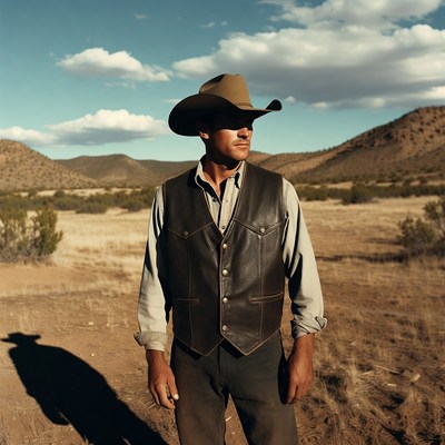 Cowboy in leather vest desert landscape