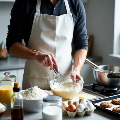 Man whisking batter in kitchen