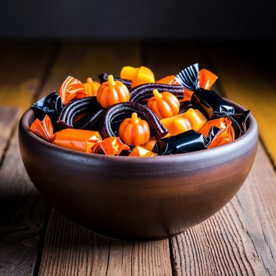 Halloween Candy in Wooden Bowl