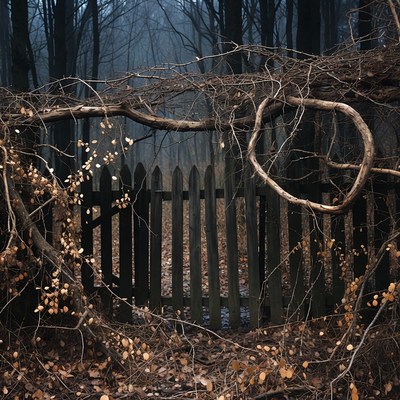 Overgrown Wooden Gate in Foggy Forest