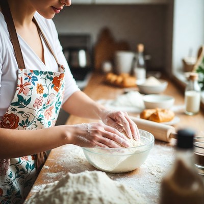 Woman baking dough in kitchen