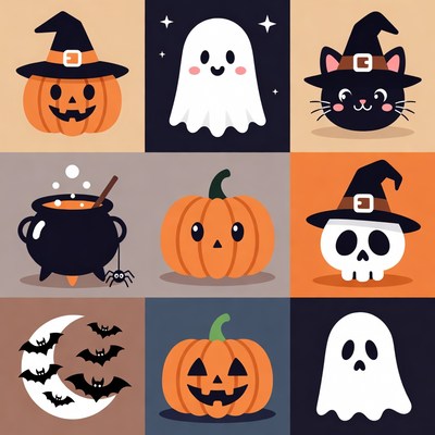 Halloween Icons Grid Illustration