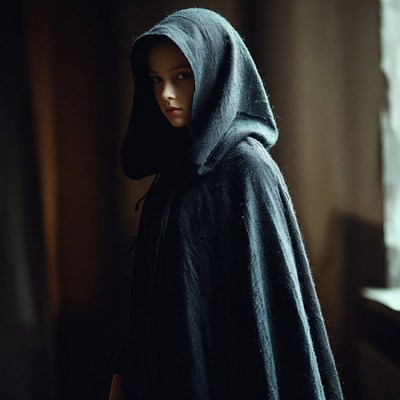 Girl in black hooded cloak