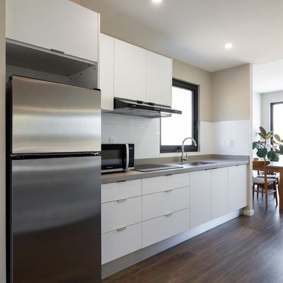 Modern White Kitchen with Stainless Fridge