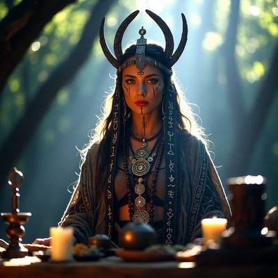 Mystic Woman Performing Ritual in Forest