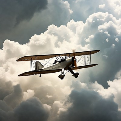 Biplane Flying Through Clouds