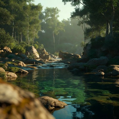 Serene Forest River with Rocks