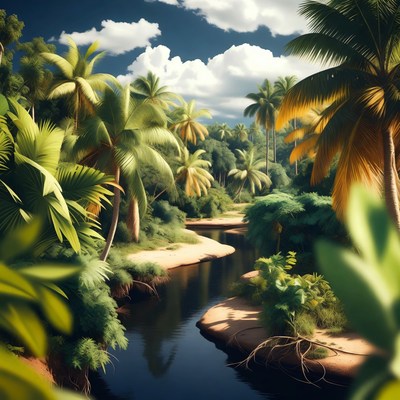Tropical River in Palm Forest