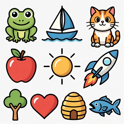 Colorful Cartoon Animals and Objects Icons