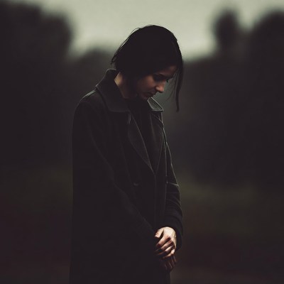 Woman in black coat looking down