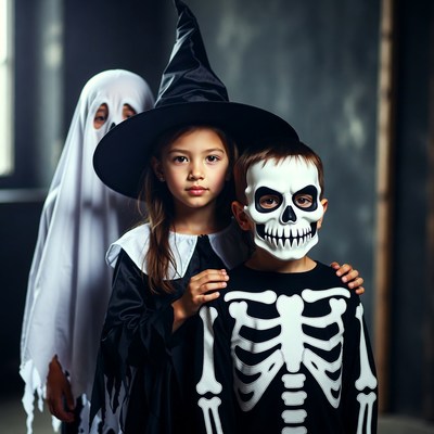 Kids in Halloween Costumes Witch Ghost Skeleton