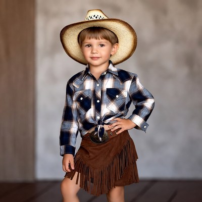 Boy in cowboy hat and fringe skirt