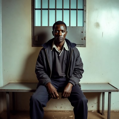 African man sitting in jail cell