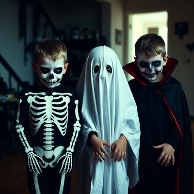 Three boys in Halloween costumes