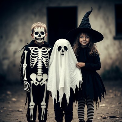 Three kids in Halloween costumes
