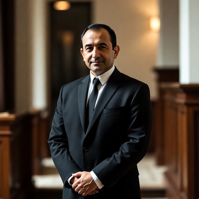 Man in black suit in hallway