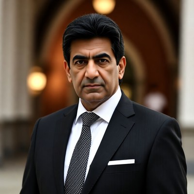 Man in black suit with arched background
