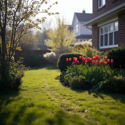 Red Tulips in Sunny Garden Path