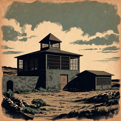Vintage Illustration of Desert Jailhouse