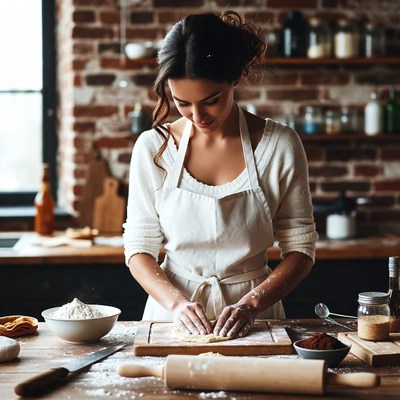 Woman baking dough in kitchen