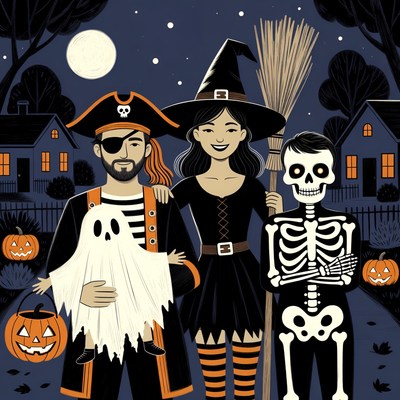 Family in pirate witch ghost costumes Halloween