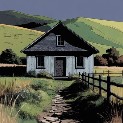 Cabin in rolling green hills