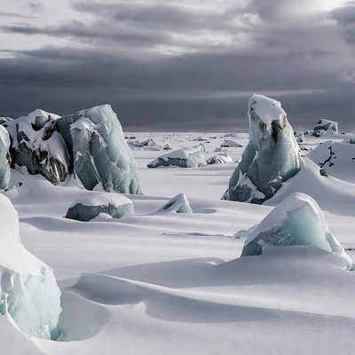 Icebergs in Snowy Arctic Landscape