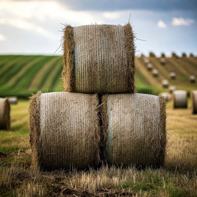 Stacked Hay Bales in Field